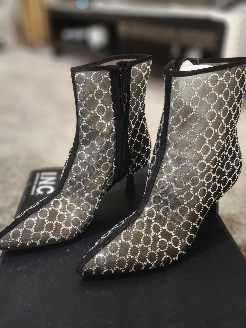 INC International Concepts Black Sheer Mesh Ankle Boots with Rhinestone Circles